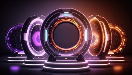 Fototapete - Futuristic portal. Science fiction podium, pedestal, platform. Modern empty cyberpunk space. Technological background. Sky-fi digital hi-tech elements for presentation product. AI