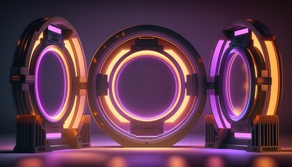 Fototapete - Futuristic portal. Science fiction podium, pedestal, platform. Modern empty cyberpunk space. Technological background. Sky-fi digital hi-tech elements for presentation product. AI