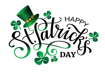 Sticker - Happy Saint Patricks day lettering phrase with shamrock leaves and green hat.