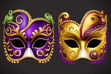 Wall Mural - Set of purple and yellow carnival mask mardi gras stock illustration Mardi Gras, Protective Face Mask, Cartoon, Bead, Bright