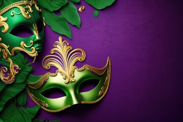 Wall Mural - Mardi gras.Holidays mardi gras masquarade, venetian mask fan over purple background. view above,mardi gras background copy space Happy Mardi Gras Fat Tuesday carnival texture golden,green purple