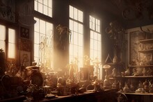 The Interior Of An Old Cluttered Antique Store Full Of Curios And Mysterious Objects.generative Ai Illustration