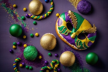 Wall Mural - Mardi Gras King Cake sufganiyot donuts, masquerade festival carnival masks, gold beads and golden, green, purple confetti on purple background. Holiday party invitation, greeting card concept