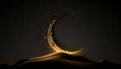 Illustration of a Golden crescent at dark night star sky background. Ramadan. Generative AI