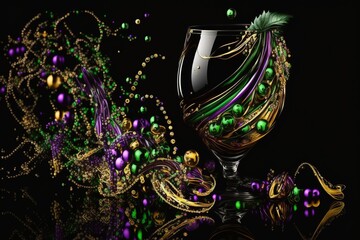 Wall Mural - Mardi Gras image of purple, green and gold beads and ribbons spilling out of a party drink glass on black background. Copy space