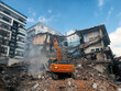 © Myst - Urban transformation concept. Excavator in construction site demolishing old building. Redevelopment and revitalization of urban areas in city.