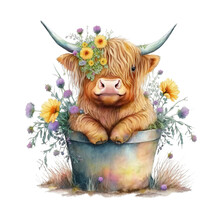 Cute Baby Highland Cow On Vase Spring Flowers ,Generative AI