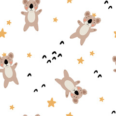 Wall Mural - Cute bear seamless pattern. koala with crown and stars. Kawaii cartoon character. Baby greeting card template. Notebook cover, tshirt.