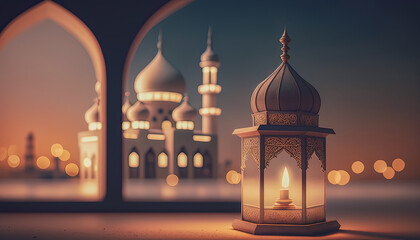 Wall Mural - Generative AI illustration of Muslim Holy Month Ramadan Kareem Arabic Lantern with bokeh in mosque, light and lantern displayed on stages with glowing light in the evening. Wallpaper and banner.