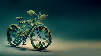 Bicycle covered with green leaf tendril, eco and environment concept, sustainable transport and travel, earth day, generative AI
