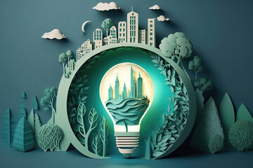 Paper cut of light bulb with green eco city. Generative AI