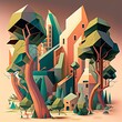 Cubistic city and buildings with green areas. Made with Generative AI.