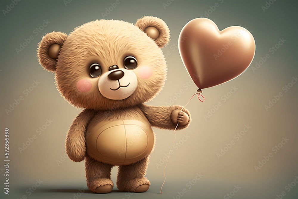 Cute cartoon teddy bear with a heart balloon Stock Illustration | Adobe ...