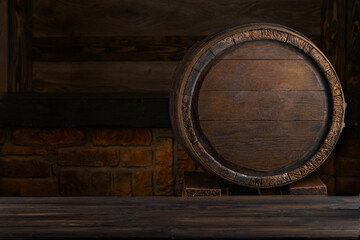 Rustic barrels for beverage in a dark wine cellar. Wooden empty surfaces for copy space, mockup, template for design of beer, wine, alcohol products, Vintage retro style background