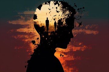 Wall Mural - Mental health, depression, sadness, loneliness creative abstract concept. Head silhouette with depression illustration idea inside. Mental illness.