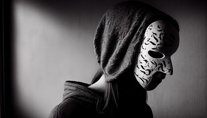 Wall Mural - Woman in mask. Depression, sadness and loneliness concept. Mental illness. 