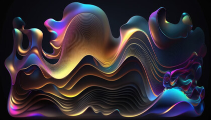 Canvas Print - Abstract fluid 3d render holographic iridescent neon curved wave in motion dark background. Gradient design element for banners, backgrounds, wallpapers and covers Generative AI	