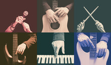 Six Parts Of Musician Hands Playing Musical Instrument. Music Background