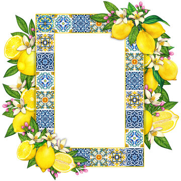 watercolor mediterranean frame with lemons and traditional tiles