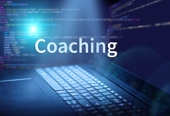 Wall Mural - Coaching inscription in abstract digital background. Programming language, computer courses, training.