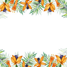 Frame Of Tropical Green Leaves And Orange Flowers On A White Background. All Elements Are Hand Painted In Watercolor. Suitable For Printing On Fabric, Paper, Scrapbooking And Crafts.
