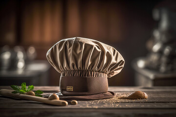 close up of a chef hat,  wooden kitchen background, generative ai