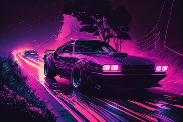 Driving in the night, futuristic synth-wave car in purple neon colours. Generative AI