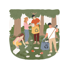 Wall Mural - Forest clean up isolated cartoon vector illustration. Clean up in the nature, people collect trash in the forest, eco activism, picking rubbish outdoor, community volunteering vector cartoon.