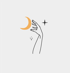 Hand drawn vector abstract outline,graphic,line art magic human hand with moon and stars logo in minimalistic modern style.Moon and stars sign outline design concept.Outline moon silhouette isolated.