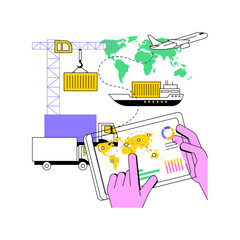 Poster - Blockchain-backed logistics isolated cartoon vector illustrations. Person with tablet controlling logistics transportation process, blockchain technology, shipping industry vector cartoon.