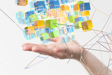 Wall Mural - Neural network 3D illustration. Big data and cybersecurity - connection