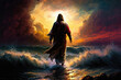 The figure of Jesus walks on water on a beautiful dramatic sunset  background. Biblical theme concept. generative ai