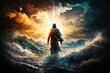 The figure of Jesus walks on water on a beautiful dramatic sunset  background. generative ai