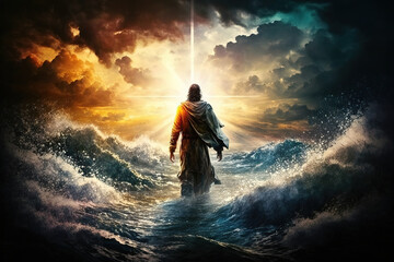 the figure of jesus walks on water on a beautiful dramatic sunset background. generative ai