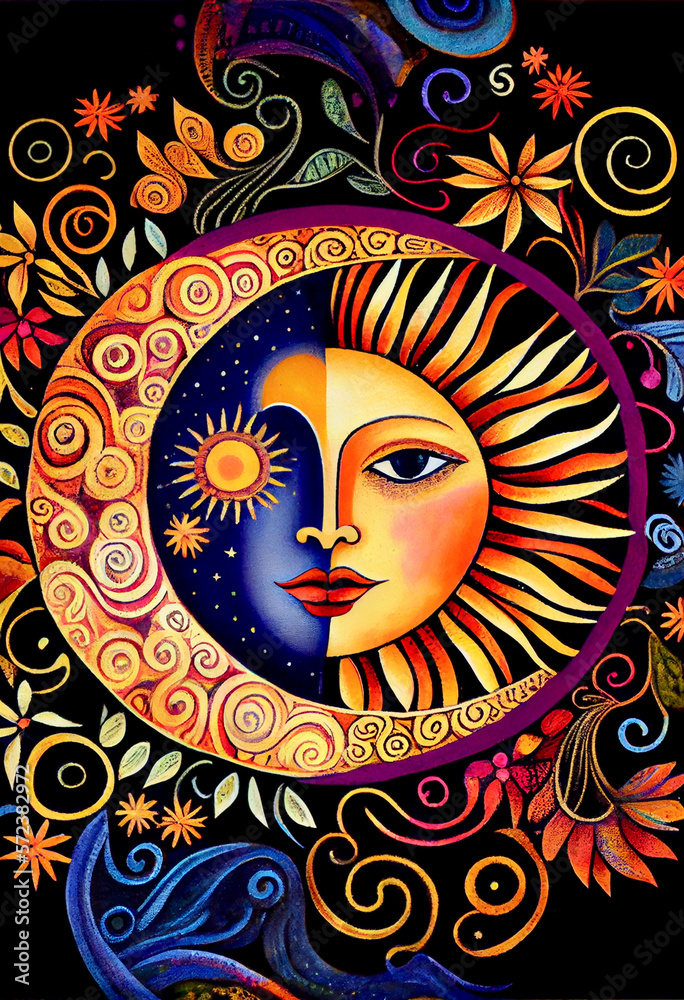 Generative AI render of a sun and moon themed illustration Stock ...