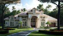 Florida Real Estate, Beautiful House With Garage, Yellow, Grey, Brown