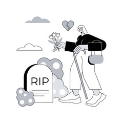 Poster - Widowed person abstract concept vector illustration. Spouse died, sorrowful elderly, grieving husband and wife, support group, loss of partner, funeral, gravestone, memory abstract metaphor.