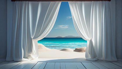  White curtains opening, revealing paradise beach. generative AI