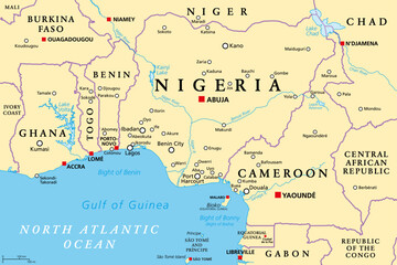  Nigeria and West Africa countries on the Gulf of Guinea, political map. Ghana, Togo, Benin, Nigeria, Cameroon, Equatorial Guinea, and Sao Tome And Principe, with borders, capitals and largest cities.