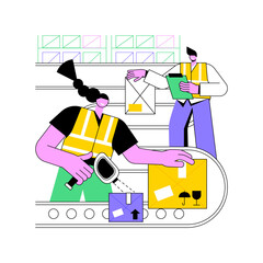 Aufkleber - Goods-to-person technology isolated cartoon vector illustrations. Warehouse workers control goods-to-person order fulfillment method, inventory technologies, conveyor belt vector cartoon.