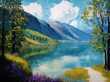 Landscape Impasto Tempera Painting Of Lake District During Spring, Generative Art