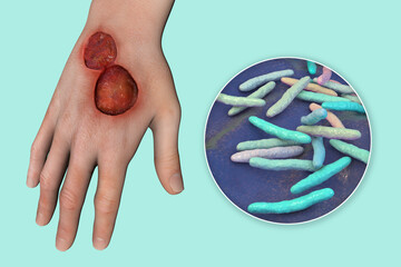 Wall Mural - Buruli ulcer on an arm, 3D illustration. The disease caused by Mycobacterium ulcerans bacteria