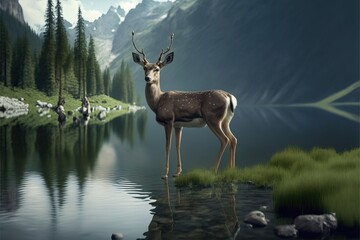 Deer infront a Canadian Lake, generative AI