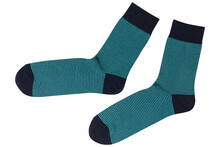 Pair Of Dark Blue Socks With Turquoise Stripes, On A White Background, Flat Lay, Isolate