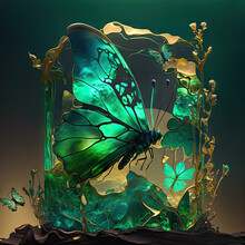 Green Butterfly Emerald Gold Style Art - Butterfly Emerald Backgrounds Series - Green Butterfly Golden Wallpaper Texture Created With Generative AI Technology