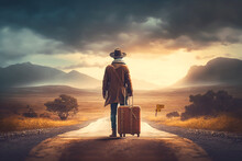 Traveler With Suitcase. Traveler With Hat On Road, Back View. Person With Suitcase Walking By Desert. Tourist On Walking Travel Trip. Vacation, Suitcases, Travel Bag. Missed On Train Or Plane. AI