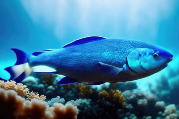 Underwater coral reef landscape with fish, generative ai, in the deep blue ocean with colorful marine life