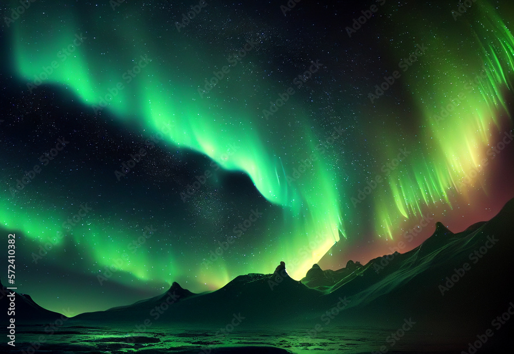Northern lights over the sea, snowy mountains in aurora Polaris night ...