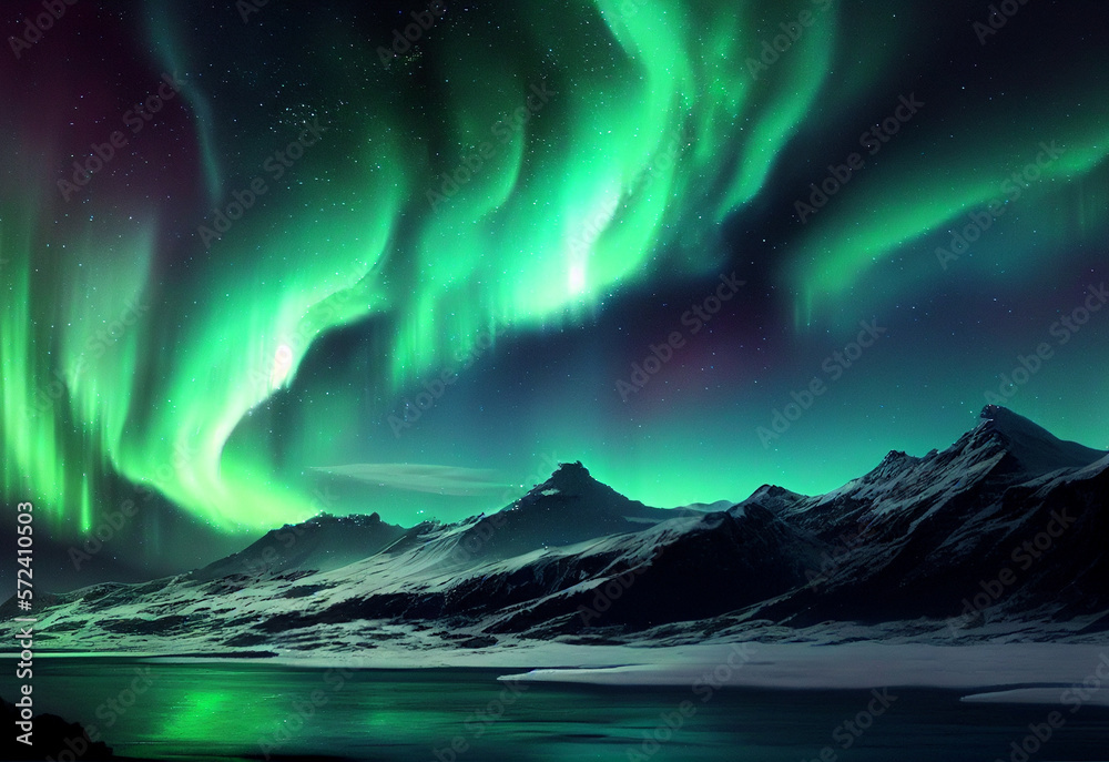Northern lights over the sea, snowy mountains in aurora Polaris night ...