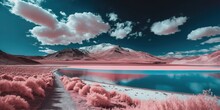 Abstract, Beautiful Pink Landscape. Pink Mountains And Forests Above The Water, Lake And Under The Sky With Thick Clouds. Generative AI.